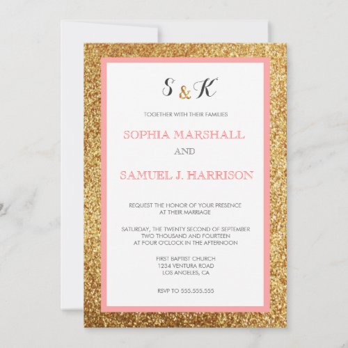 Elegant Coral Glitter Gold Wedding Invitation