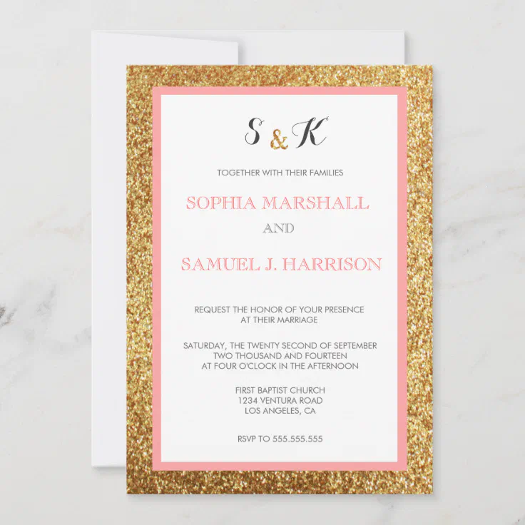 Elegant Coral Glitter Gold Wedding Invitation | Zazzle