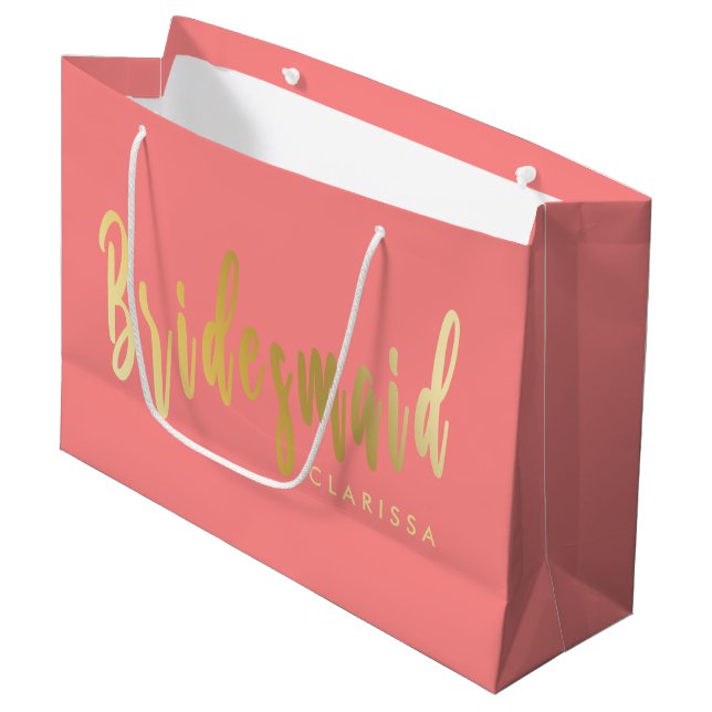 Elegant coral & gold bridesmaid large gift bag (Front Angled)