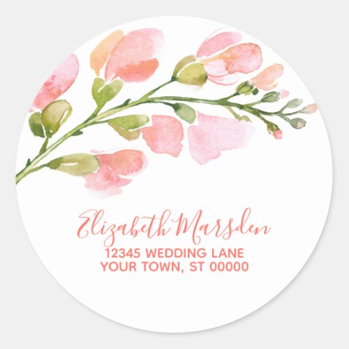 Elegant Coral Gold Floral Script Return Address Classic Round Sticker