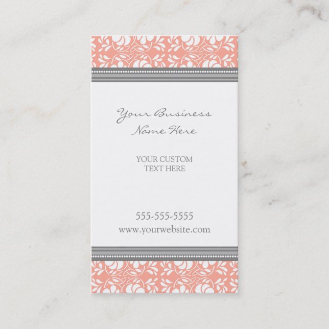 Elegant Coral Gray Damask Business Cards (Front)