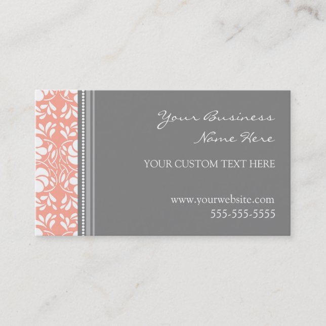 Elegant Coral Gray Damask Business Cards (Front)