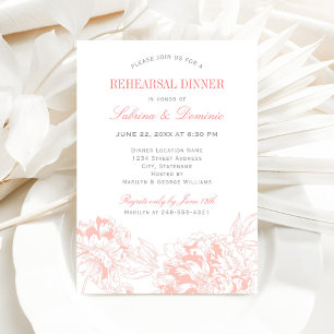 Elegant Coral Gray Floral Peony Rehearsal Dinner Invitation