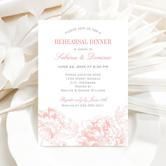 Elegant Coral Gray Floral Peony Rehearsal Dinner Invitation (Creator Uploaded)