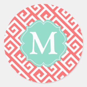Elegant Coral Greek Key Personalized Classic Round Sticker