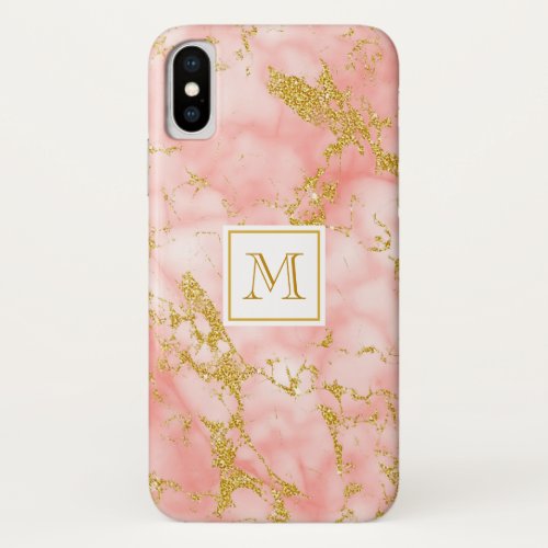 Elegant Coral Marble Monogram Faux Gold Glitter iPhone X Case