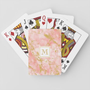 Elegant Coral Marble Monogram Faux Gold Glitter Playing Cards by ohsogirly at Zazzle