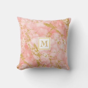 Elegant Coral Marble Monogram Faux Gold Glitter Throw Pillow