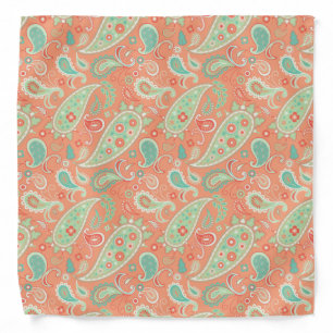 Elegant Coral & Mint Green Floral Paisley Bandana