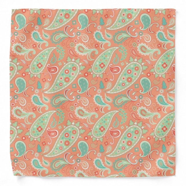 Elegant Coral & Mint Green Floral Paisley Bandana (Front)