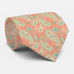 Elegant Coral & Mint Green Floral Paisley Neck Tie