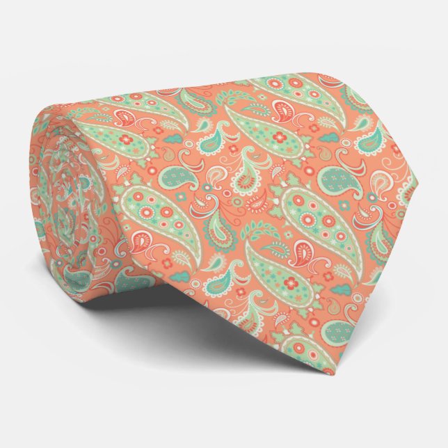 Elegant Coral & Mint Green Floral Paisley Neck Tie (Rolled)