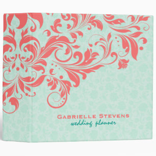 Elegant Coral & Mint-Green Vintage Floral Damasks 3 Ring Binder