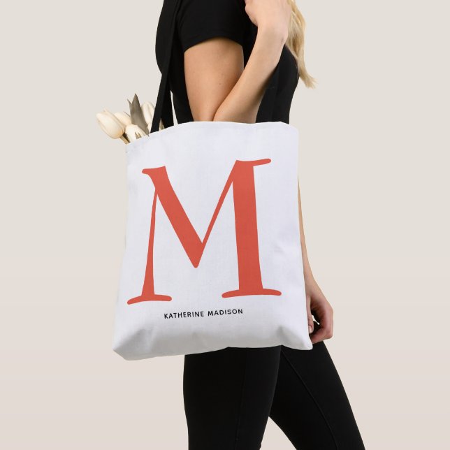 Elegant Coral Monogram Name Tote Bag (Close Up)
