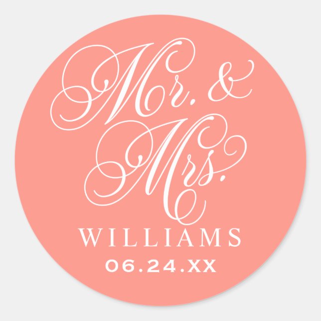 Elegant Coral Mr and Mrs Script Custom Monogram Classic Round Sticker (Front)