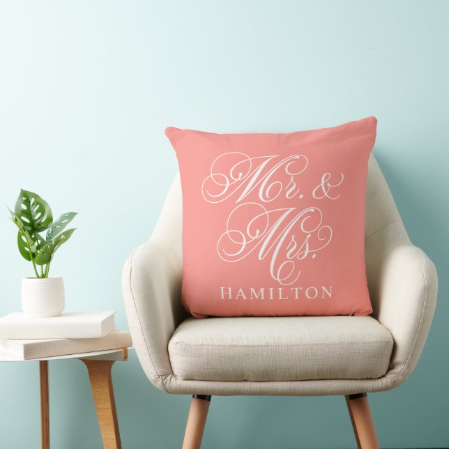 Elegant Coral Mr and Mrs Script Custom Monogram Throw Pillow (Chair)