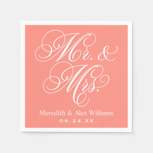 Elegant Coral Mr and Mrs Script Wedding Napkins (Front)