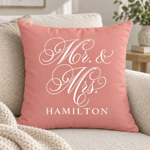 Elegant Coral Mr and Mrs Script Wedding Throw Pillow