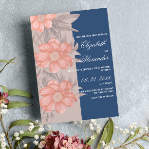 Elegant coral navy blue soft gray floral wedding invitation