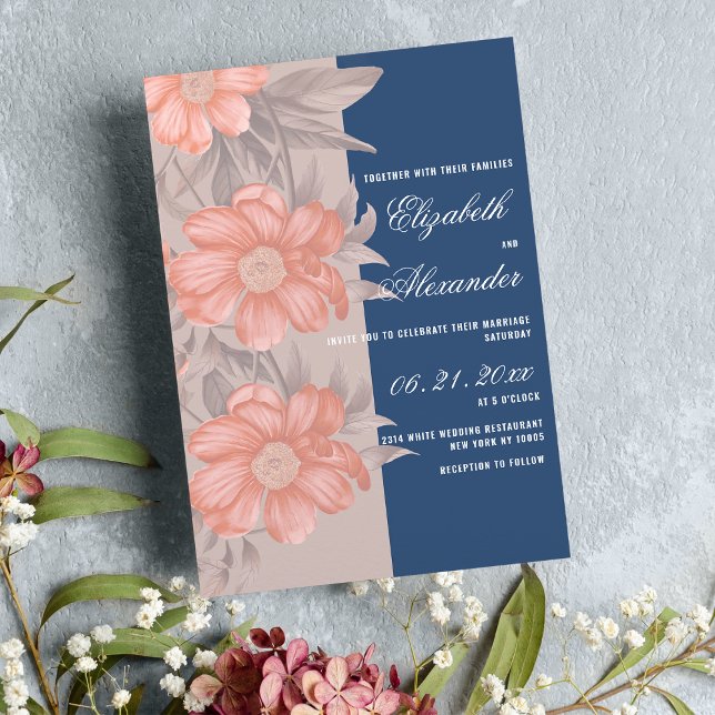 Elegant coral navy blue soft gray floral wedding invitation (Elegant coral navy blue soft gray floral wedding)