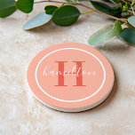 Elegant Coral Orange Custom Monogram Initial Coaster<br><div class="desc">Elegant round personalized beverage drink coaster design features a classic custom serif monogram initial in red orange with your last name in modern white calligraphy script against a coral / peachy pink background. A simple white circle frames the design. Color scheme can be customized to coordinate perfectly with your home...</div>