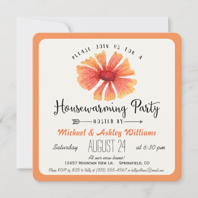 Elegant Coral Orange Floral Housewarming Party Invitation (Front)