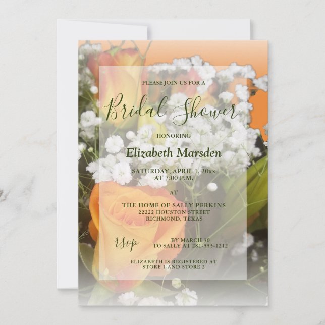 Elegant Coral Orange Roses Floral Bridal Shower Invitation (Front)