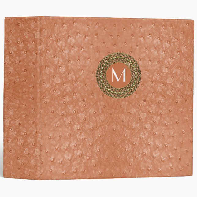 Elegant Coral Ostrich Leather Look Monogram 3 Ring Binder (Front/Spine)