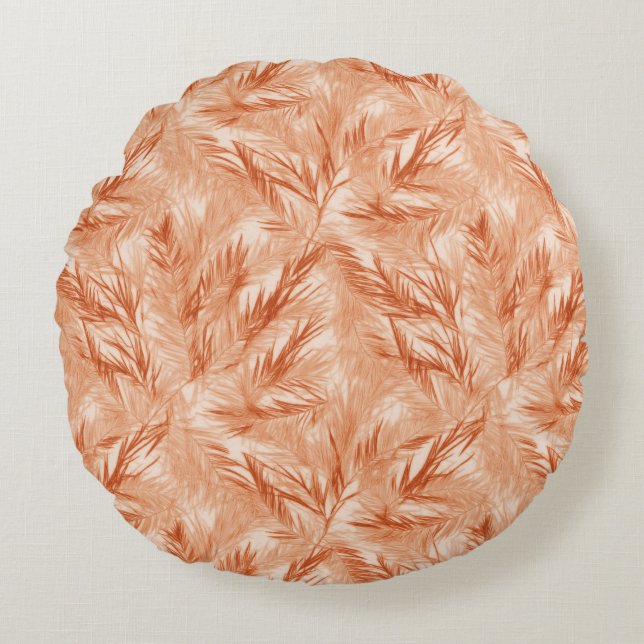  Elegant Coral Palm Leaf Round Pillow (Front)