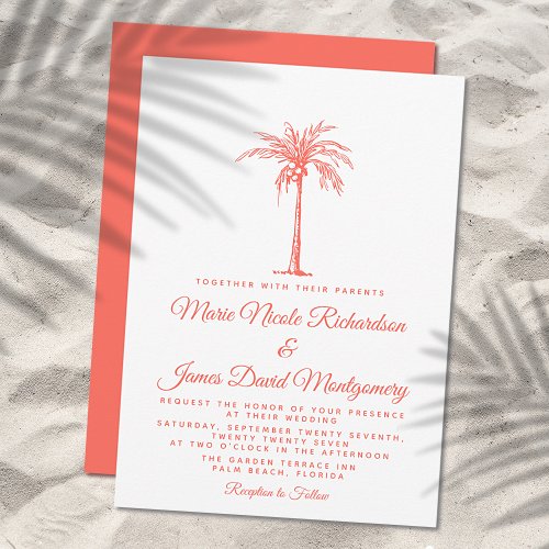 Elegant Coral Palm Tree Formal Beach Wedding Invitation