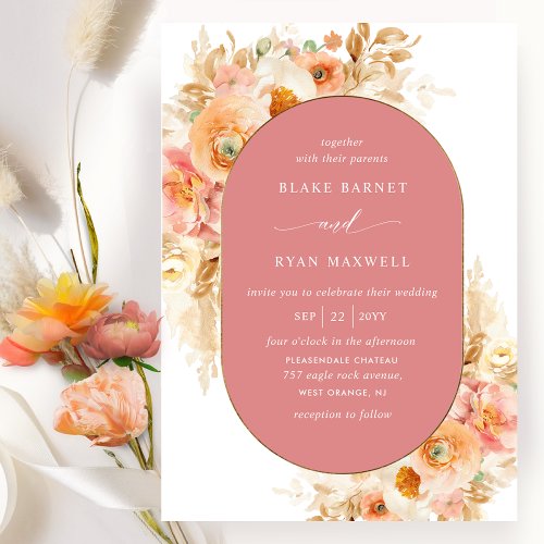Elegant Coral Peach Blush and Cream Oval Wedding Invitation