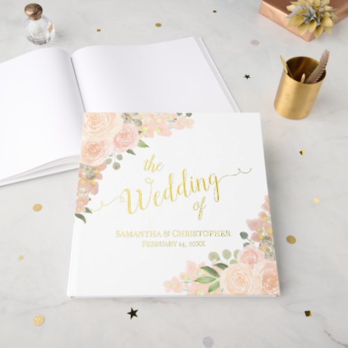 Elegant Coral Peach Boho Floral Foil Wedding Foil Guest Book