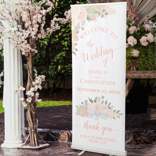Elegant Coral Peach Boho Floral Wedding Welcome Retractable Banner