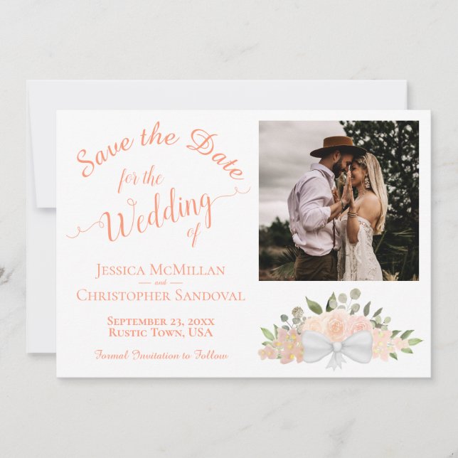 Elegant Coral Peach Floral Bouquet & Photo Wedding Save The Date (Front)