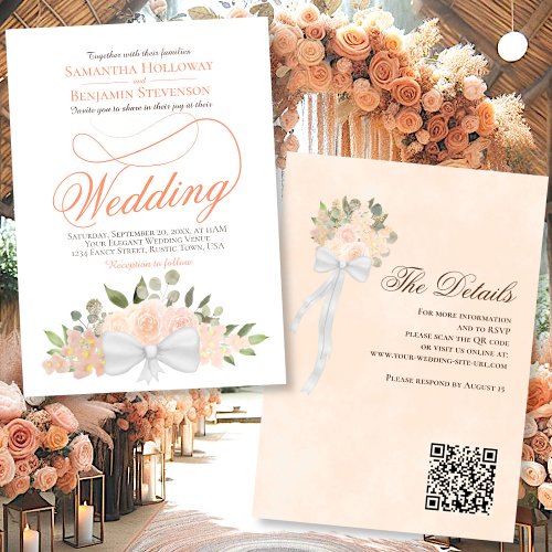 Elegant Coral Peach Floral Bouquet QR Code Wedding Invitation