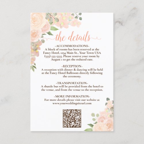 Elegant Coral Peach Floral Wedding Details QR Code Enclosure Card