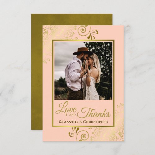 Elegant Coral Peach  Gold Love  Thanks Wedding Thank You Card