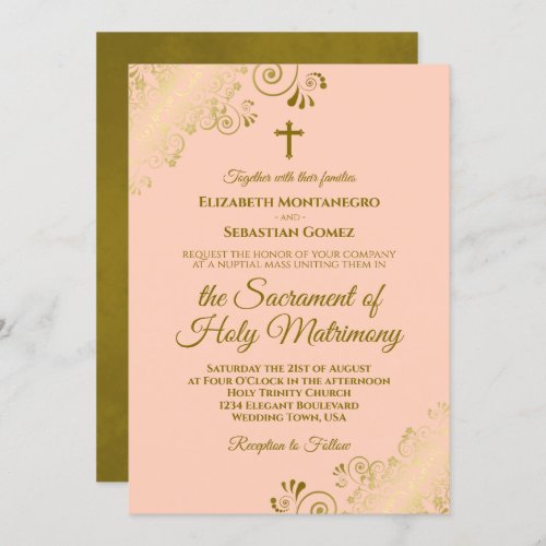 Elegant Coral Peach  Gold Modern Catholic Wedding Invitation