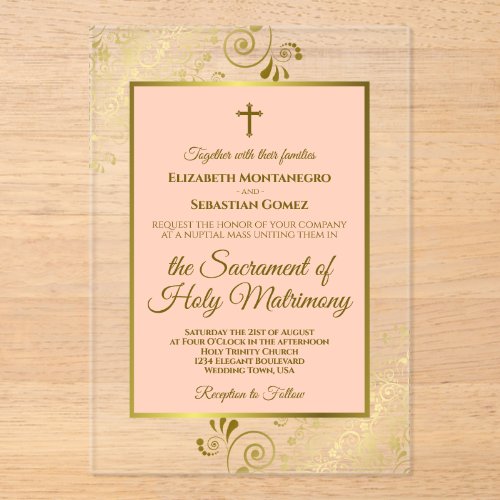Elegant Coral Peach &amp; Gold Ornate Catholic Wedding Acrylic Invitations