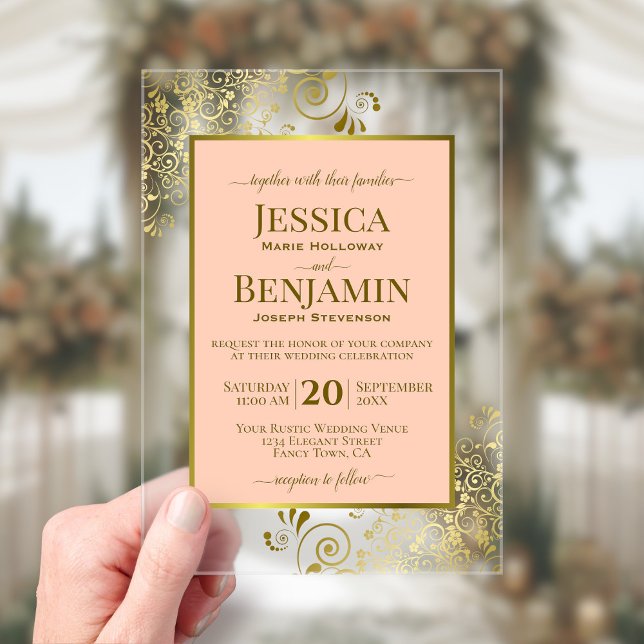 Elegant Coral Peach & Gold Stylish Text Wedding Acrylic Invitations (Clear Acrylic with Rectangle Cut)