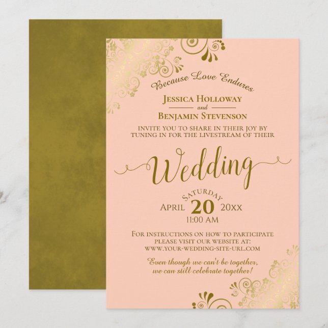 Elegant Coral Peach & Gold Wedding Livestream Invitation (Front/Back)