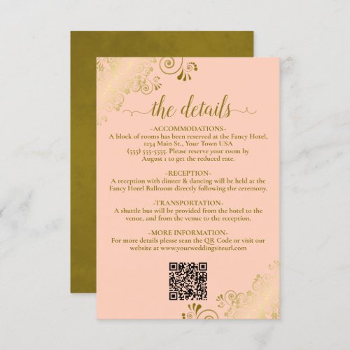 Elegant Coral Peach  Gold Wedding QR Code Details Enclosure Card