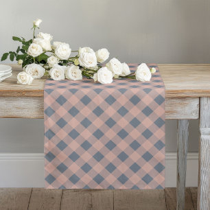 Elegant Coral Peach Grey Plaid Dining Table Long Table Runner