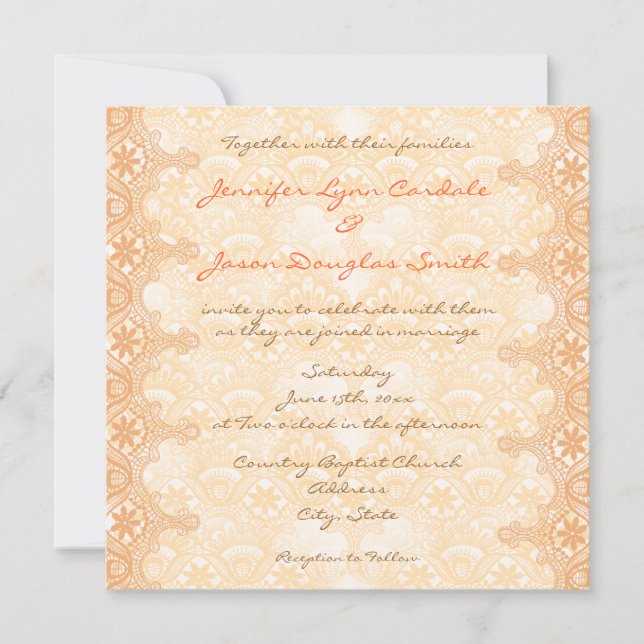 Elegant Coral Peach Lace Damask Wedding Invitation (Front)