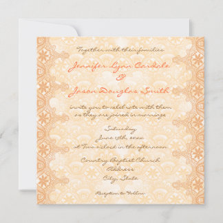 Elegant Coral Peach Lace Damask Wedding Invitation