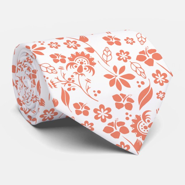 Elegant Coral Peach Tropical Flowers Neck Tie (Rolled)