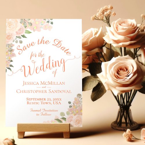 Elegant Coral Peach Watercolor Floral Boho Wedding Save The Date
