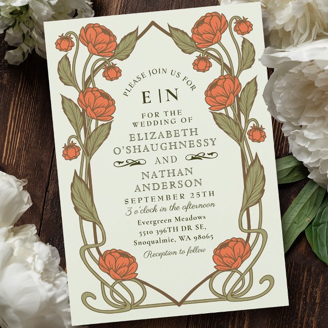 Elegant Coral Peony Art Nouveau Floral Wedding Invitation (Creator Uploaded)