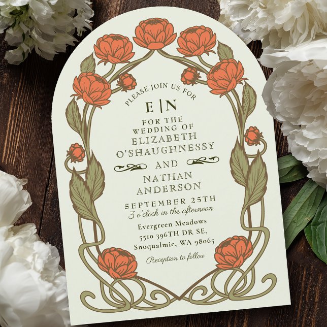Elegant Coral Peony Art Nouveau Floral Wedding Invitation (Creator Uploaded)