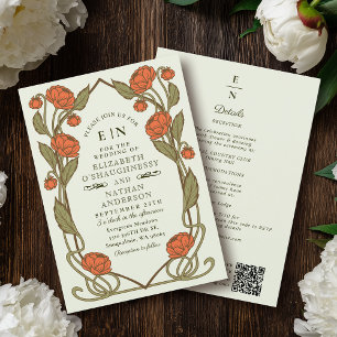 Elegant Coral Peony Art Nouveau QR Code Wedding Invitation